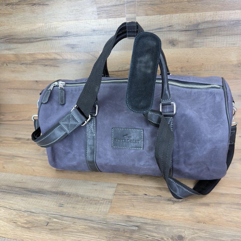 F.H. Wadsworth NYC Blue Matron Fabric Black Leather Trim Zip Duffle Bag Size L